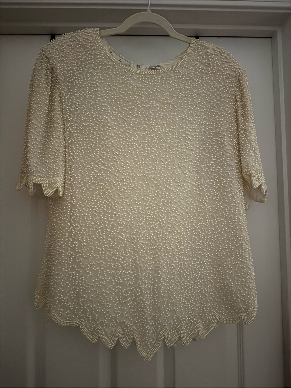 Laurence Kazar Ivory Pearl-Embellished Scalloped Blouse